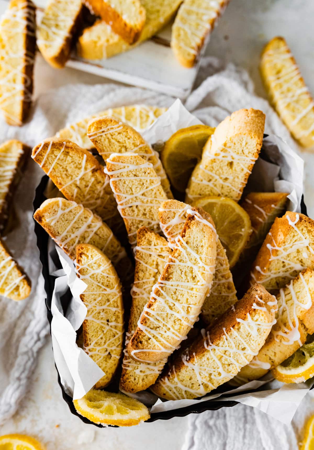 basket of biscotti cookies with lemon drizzle.