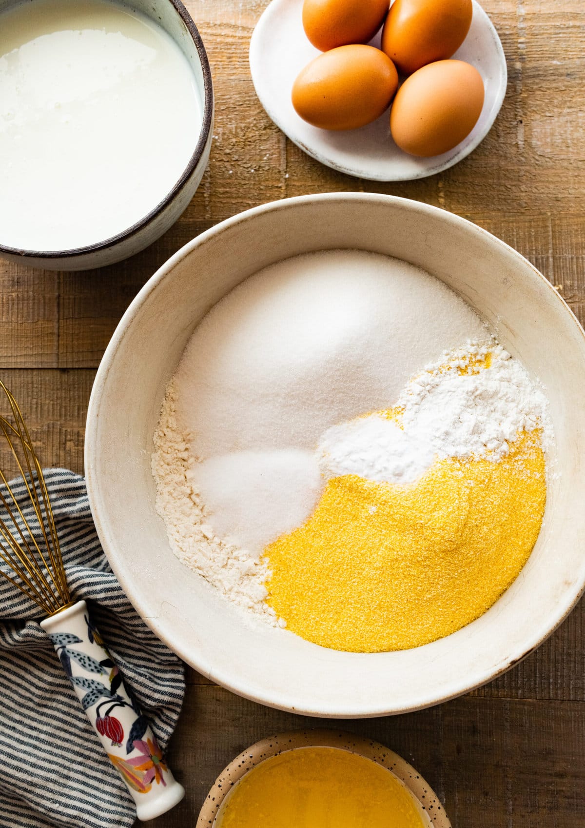 How to Make Best Sweet Corn Bread Step-by-Step: mixing all the dry ingredients in a large mixing bowl.