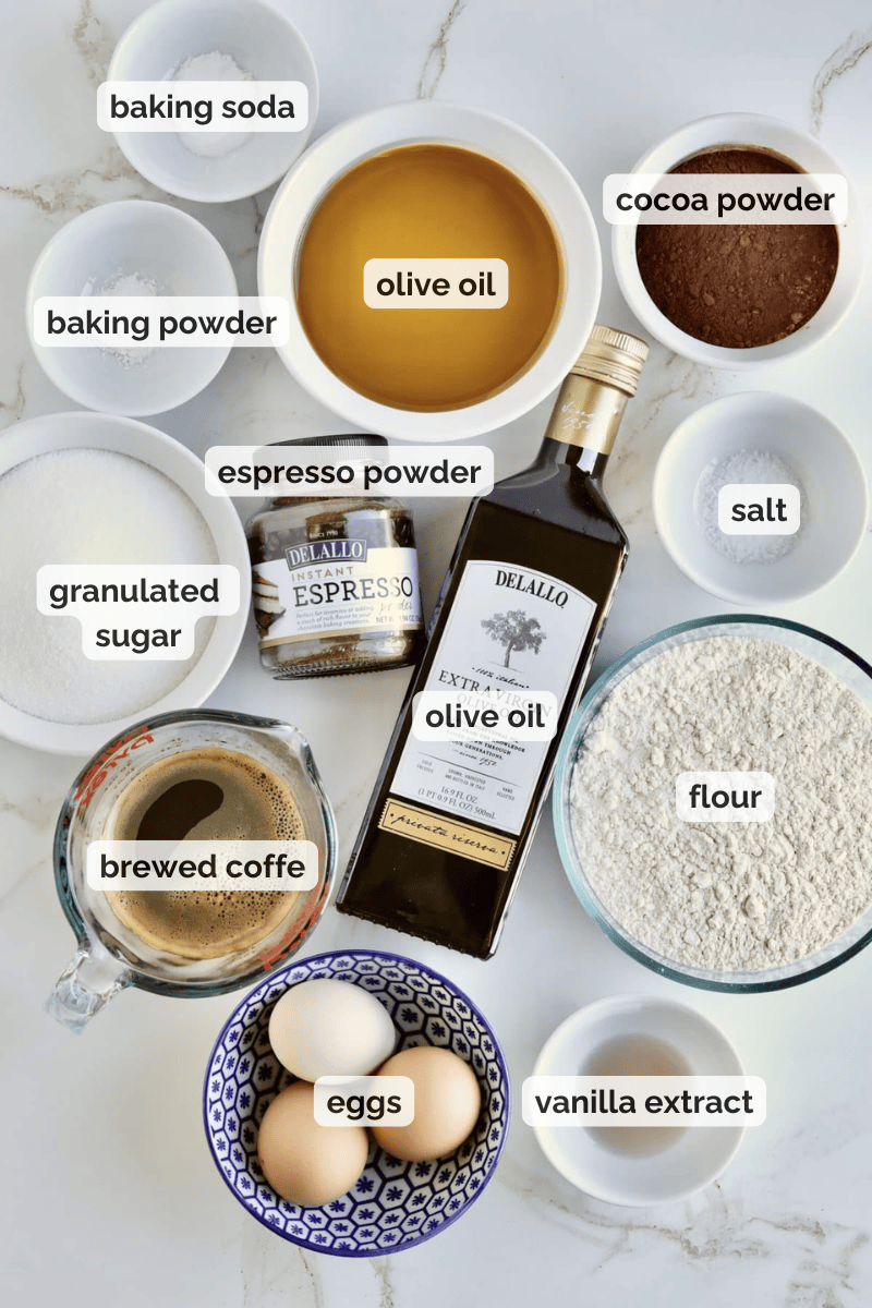 Recipe ingredients for chocolate olive oil cake recipe.