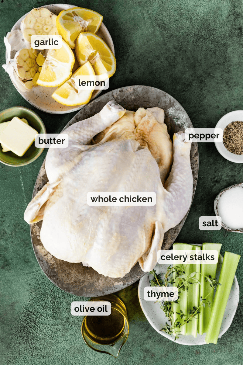 Recipe ingredients for juicy oven roasted chicken recipe.