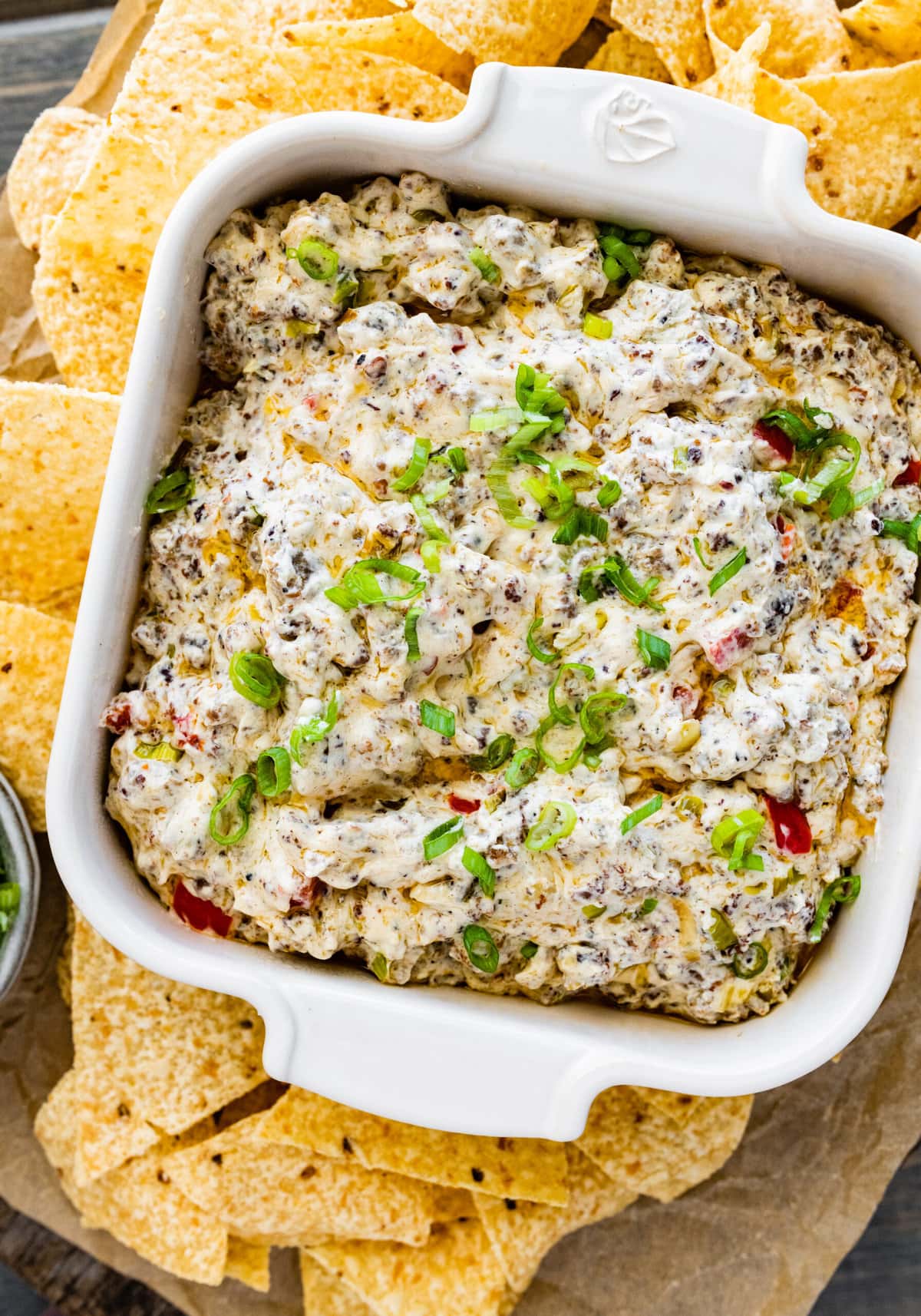 How to Make Best Jimmy Dean Sausage Dip Recipe with Cream Cheese- put in a serving dish and serve with chips.