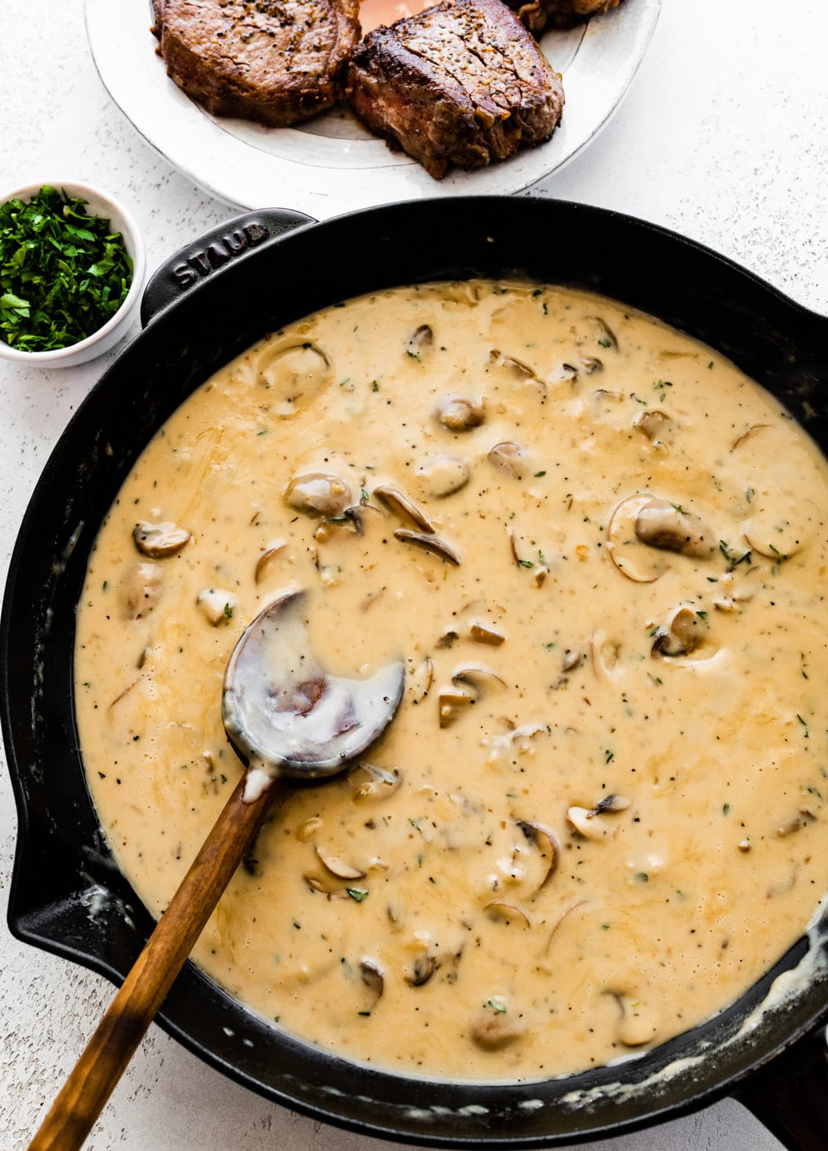 How to make best Steak Marsala recipe step-by-step: thickened mushroom sauce.