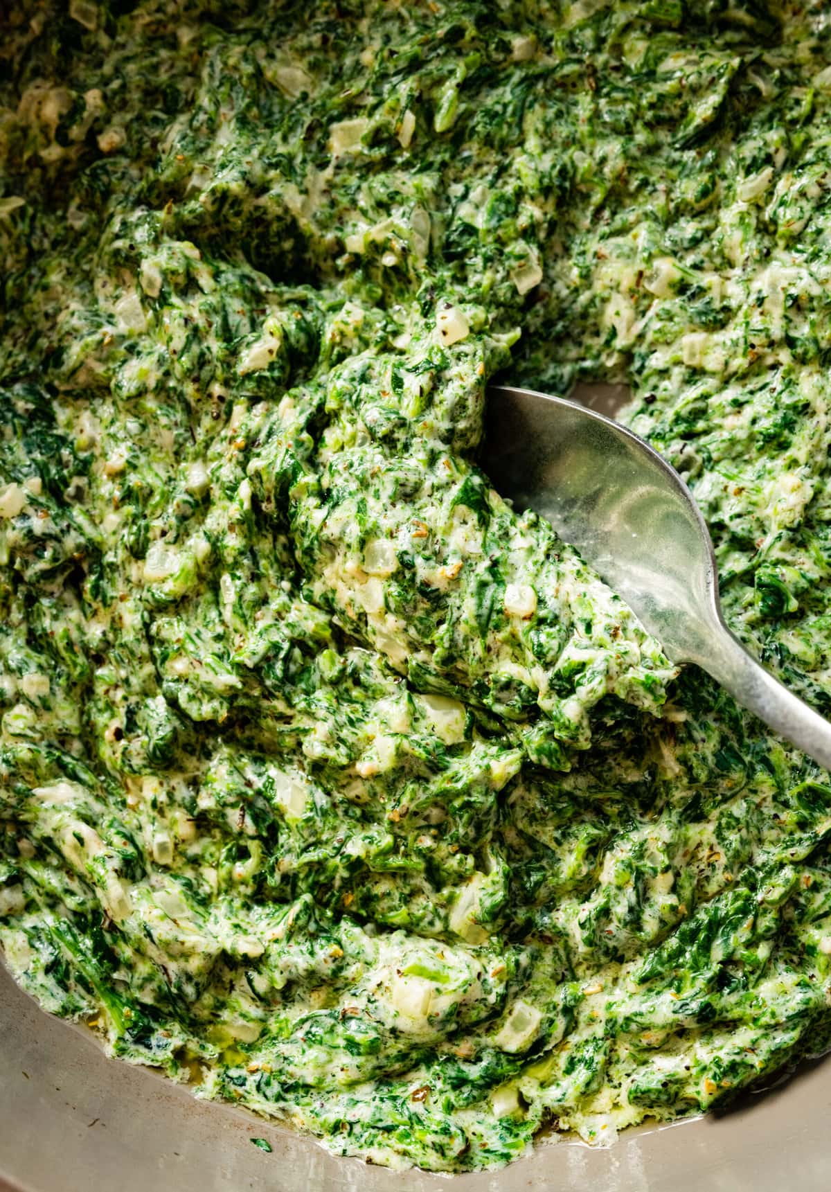 scooping up best steakhouse creamed spinach recipe with a spoon.
