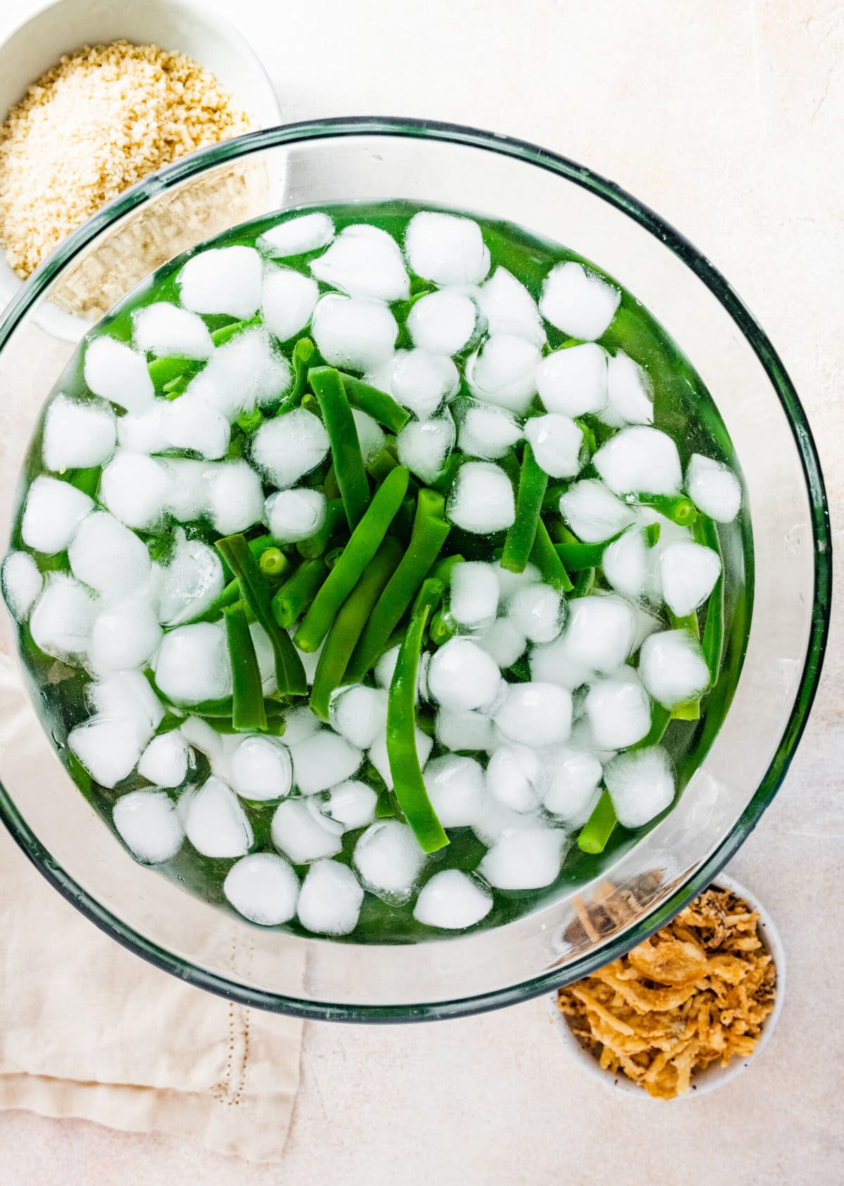 How to make Best Fresh Green Bean Casserole Recipe: cooking green beans and placing them a water bath.