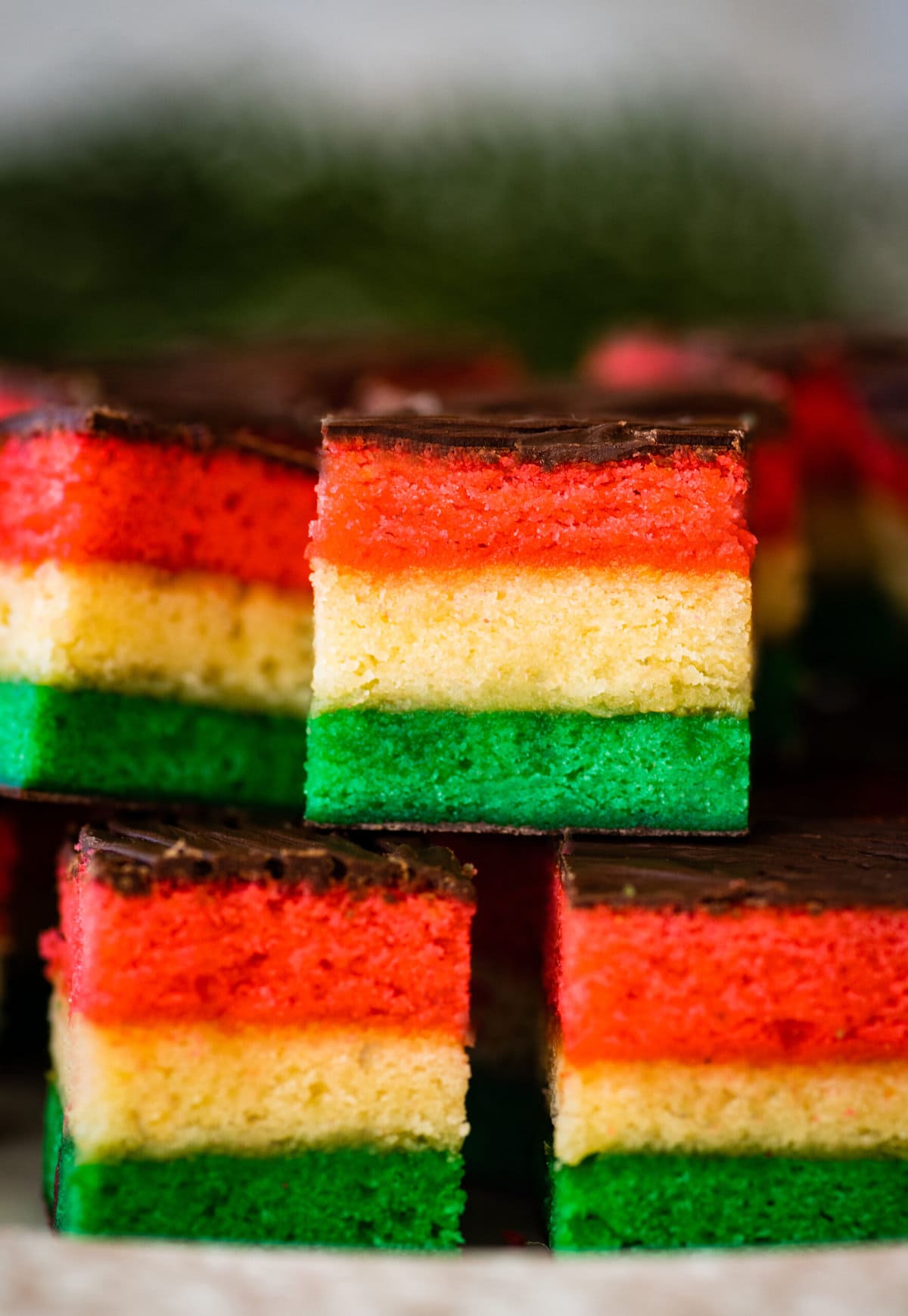 close up of the Classic Italian Rainbow Cookies Recipe. Beautiful colored layers visible.