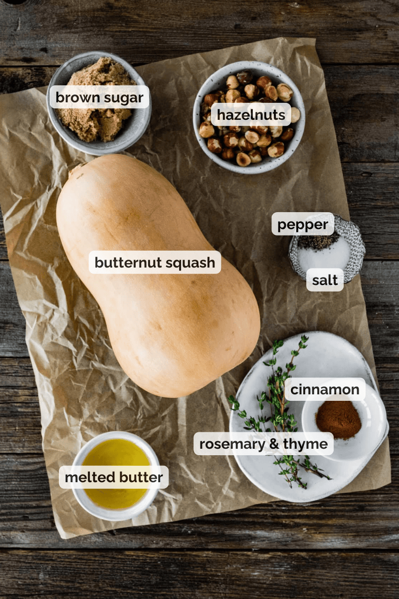 Recipe ingredients for whole roasted butternut squash recipe.