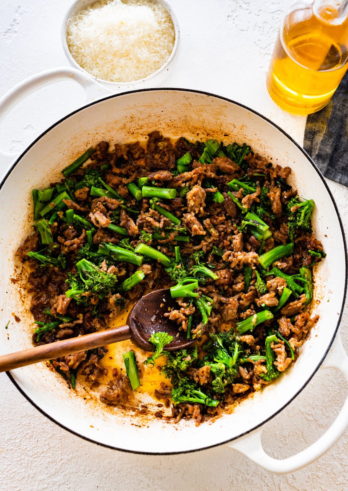 how to make Easy Orecchiette with Sausage and Broccoli- step-by-step: add cooked broccoli to the sausage.