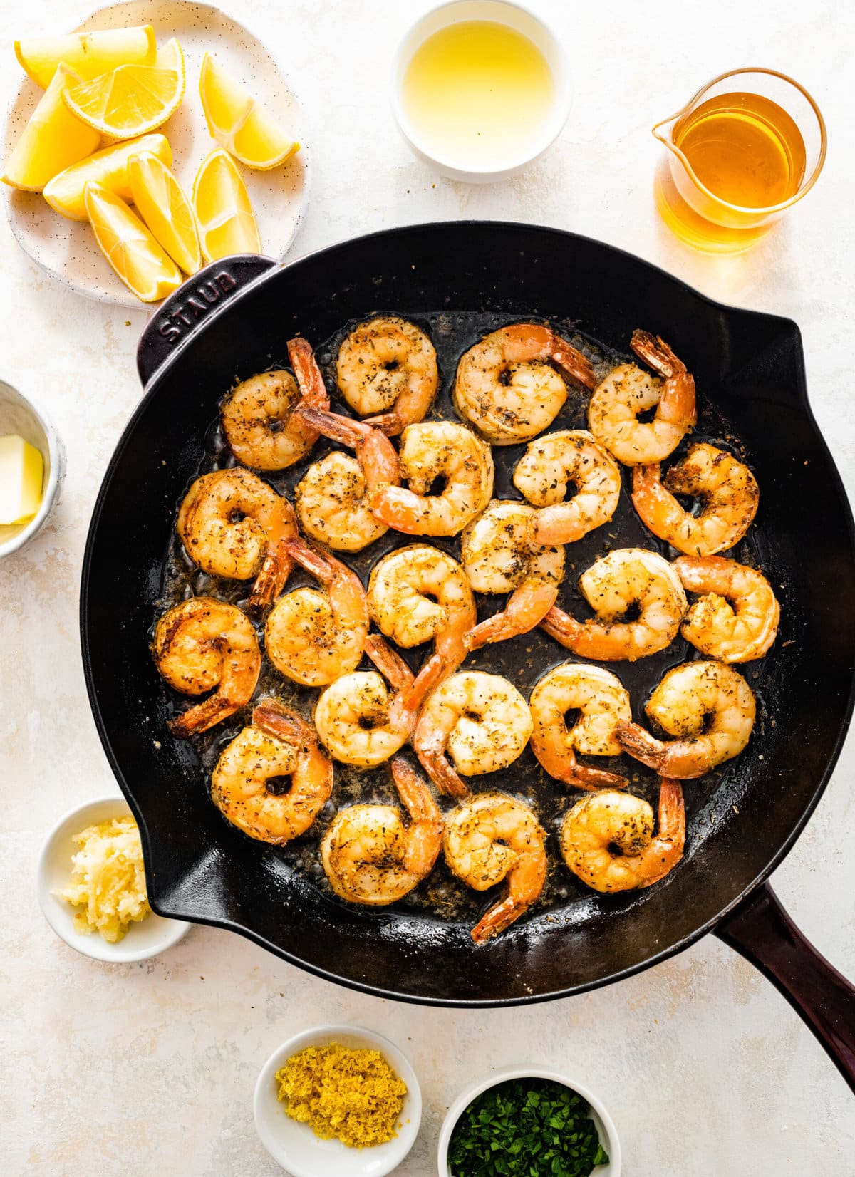 How to make easy pan seared shrimp step-by-step: searing the shrimp on both sides.