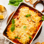 Eggplant parmigiana in a baking dish.