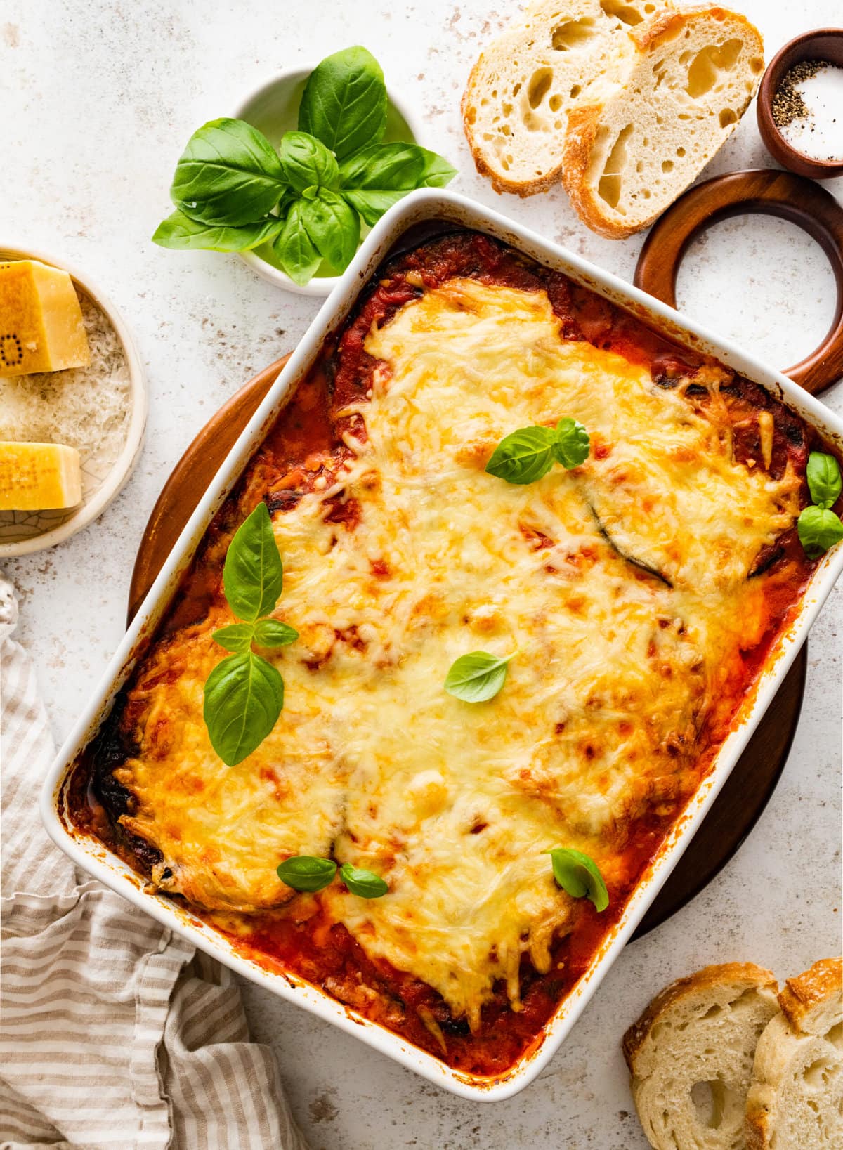 Eggplant parmigiana in a baking dish.
