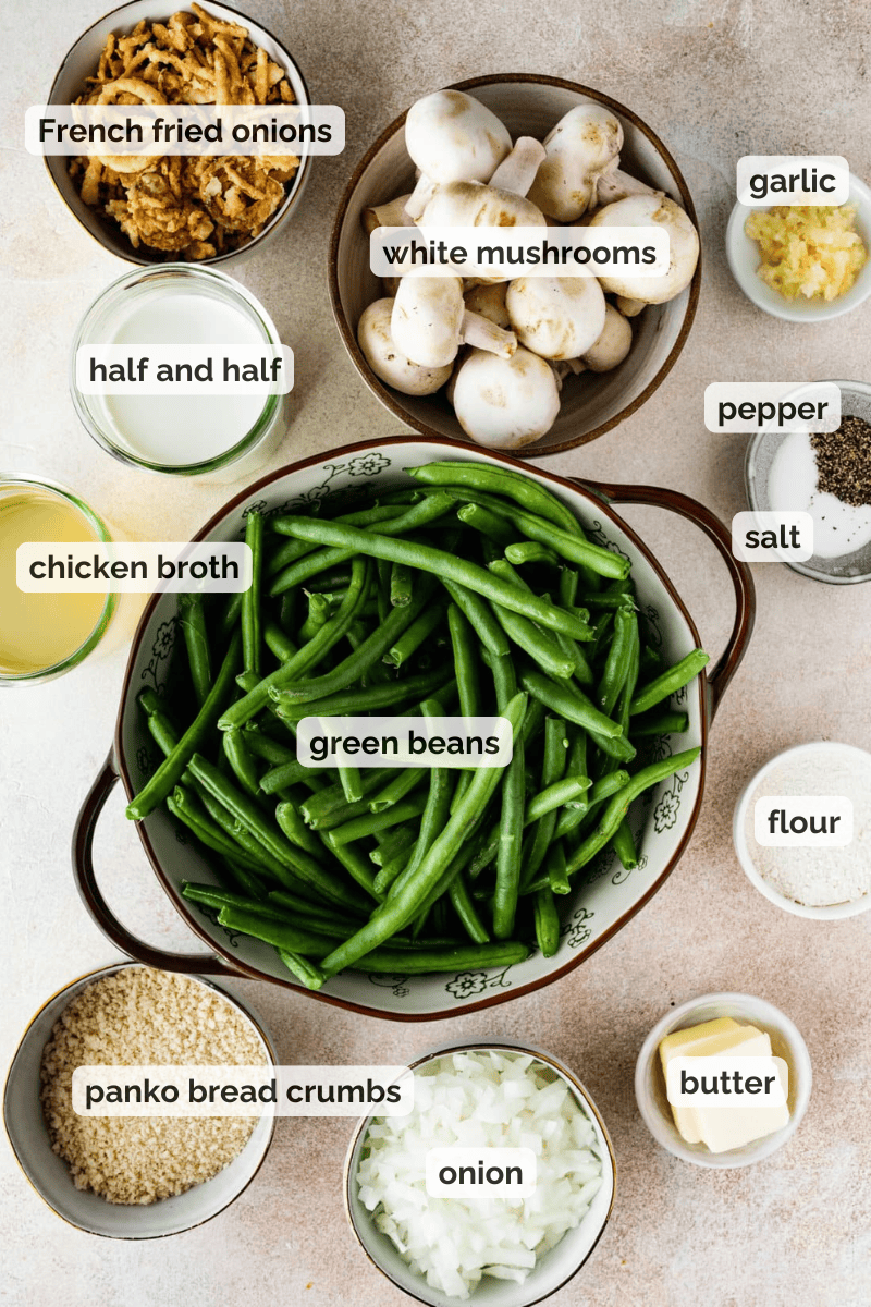 Recipe ingredients for fresh green bean casserole recipe.