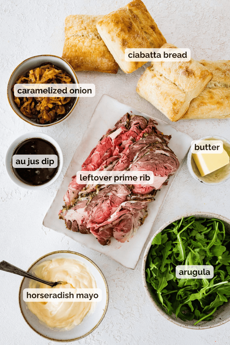 Recipe ingredients for prime rib sandwich recipe.