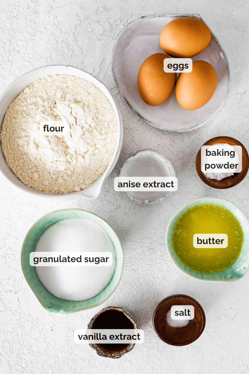 Recipe ingredients for Italian Pizzelle cookies recipe.