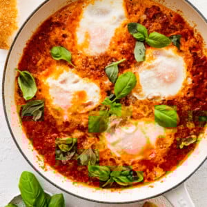 Italian eggs in purgatory in a skillet.
