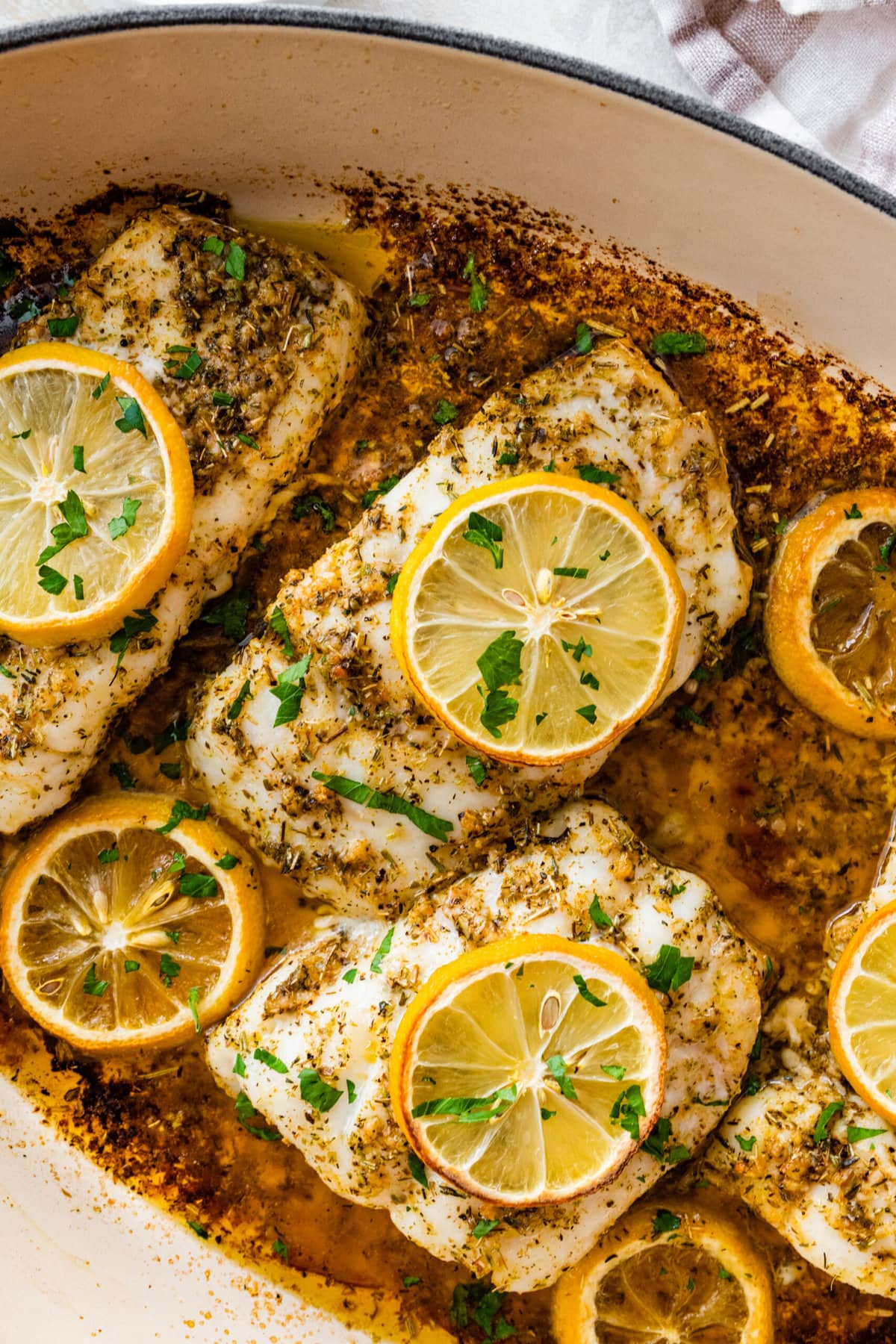 close up of oven baked cod.