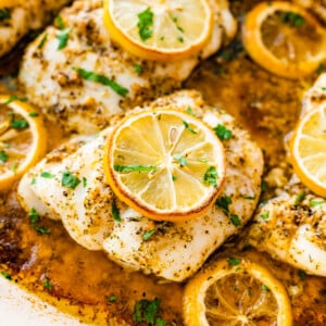 close up of oven baked cod.