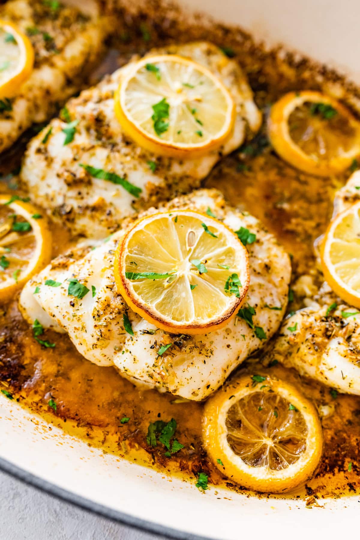 close up of oven baked cod. 