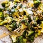 Fork with a piece of Tuscan roasted broccoli.