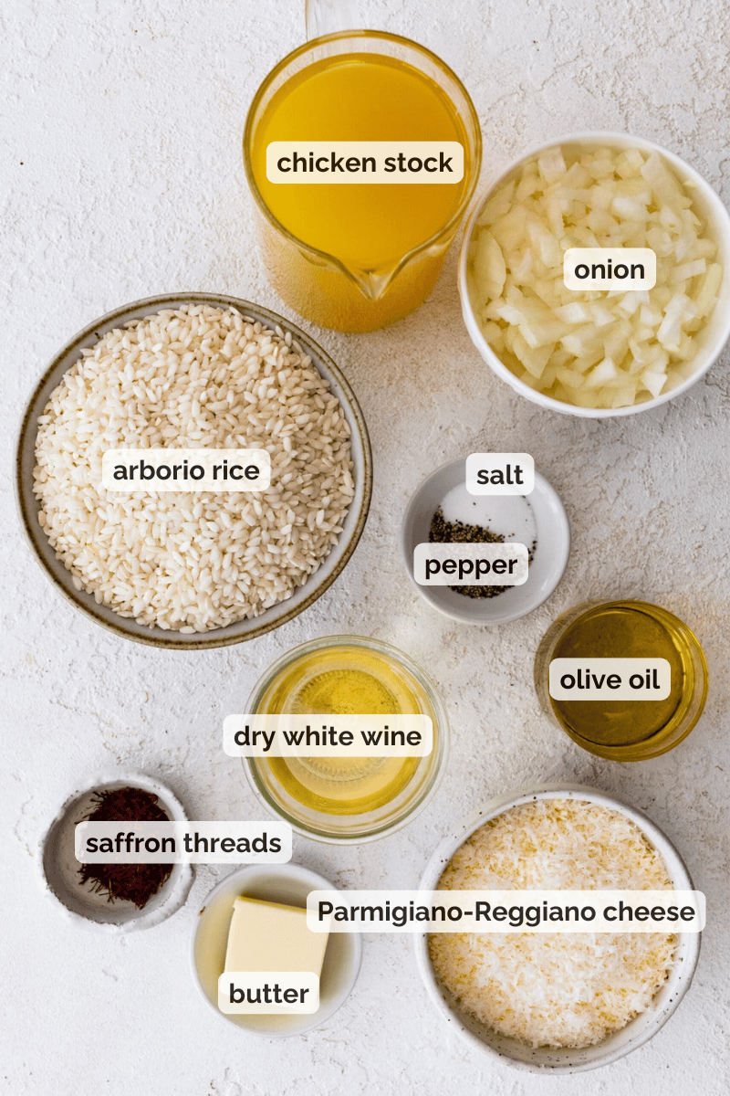 Recipe ingredients for creamy risotto alla milanese recipe.