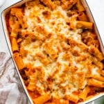 baked cheesy classic pasta al forno recipe out of the oven in a white baking pan.