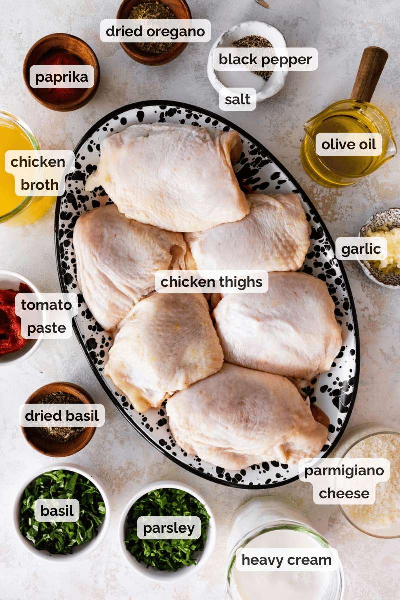 Recipe ingredients for creamy baked chicken thighs recipe.