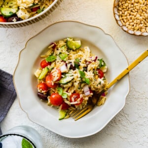cover photo greek orzo salad.
