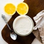 finished tahini falafel sauce in a glass jar.