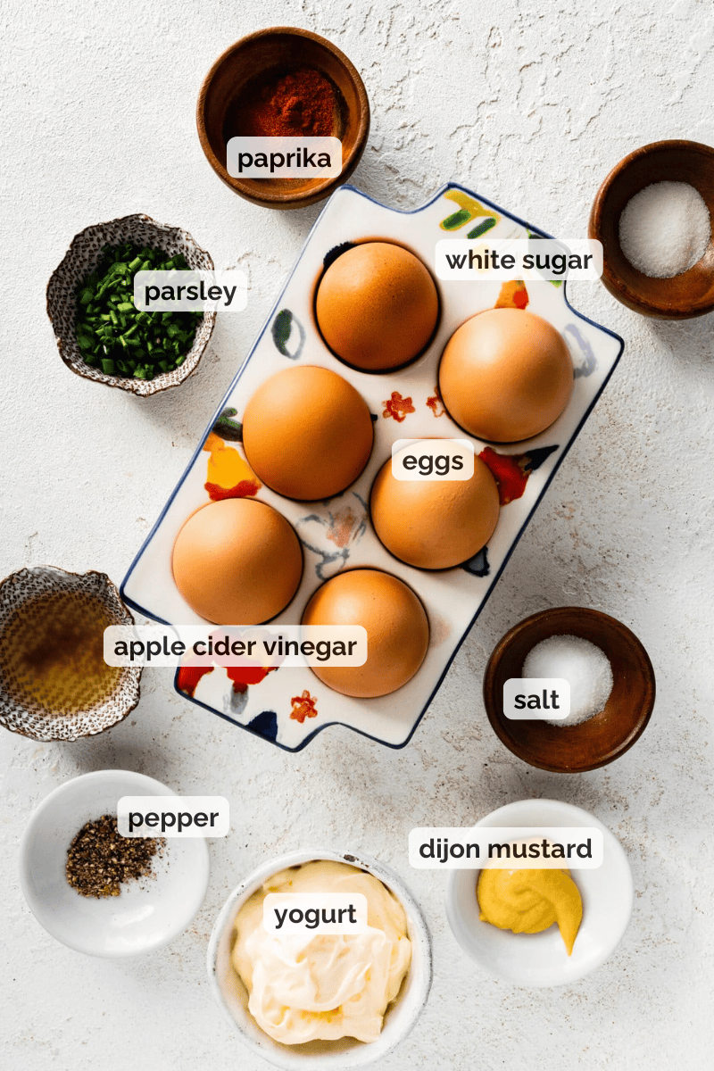 Recipe ingredients for classic deviled eggs recipe.