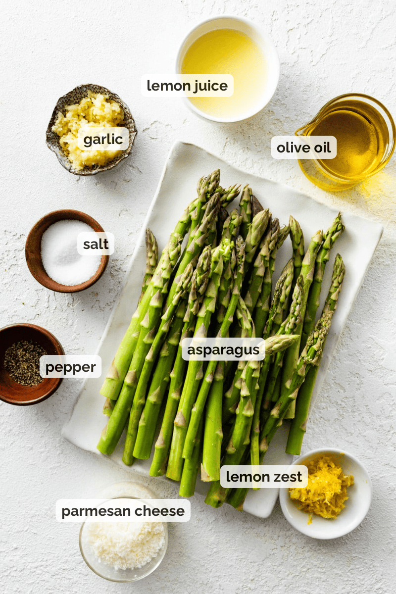 Recipe ingredients for roasted asparagus recipe.