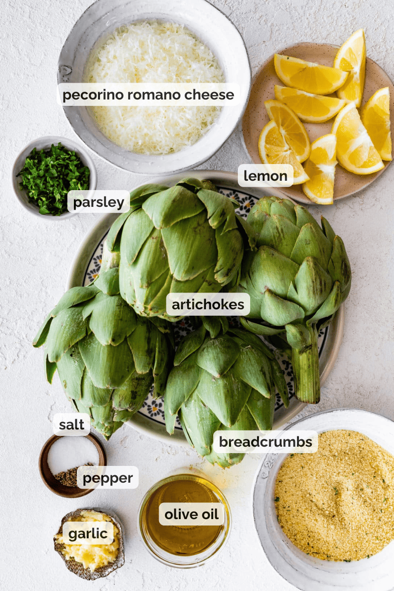 Recipe ingredients for stuffed artichokes recipe.
