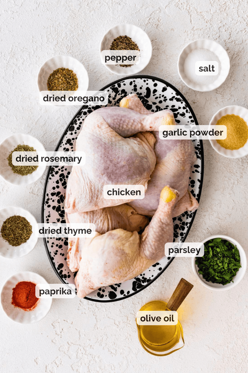 Recipe ingredients for baked chicken leg quarters recipe.