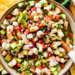 Easy Shrimp Ceviche Recipe in. a bowl with tostadas on the side.
