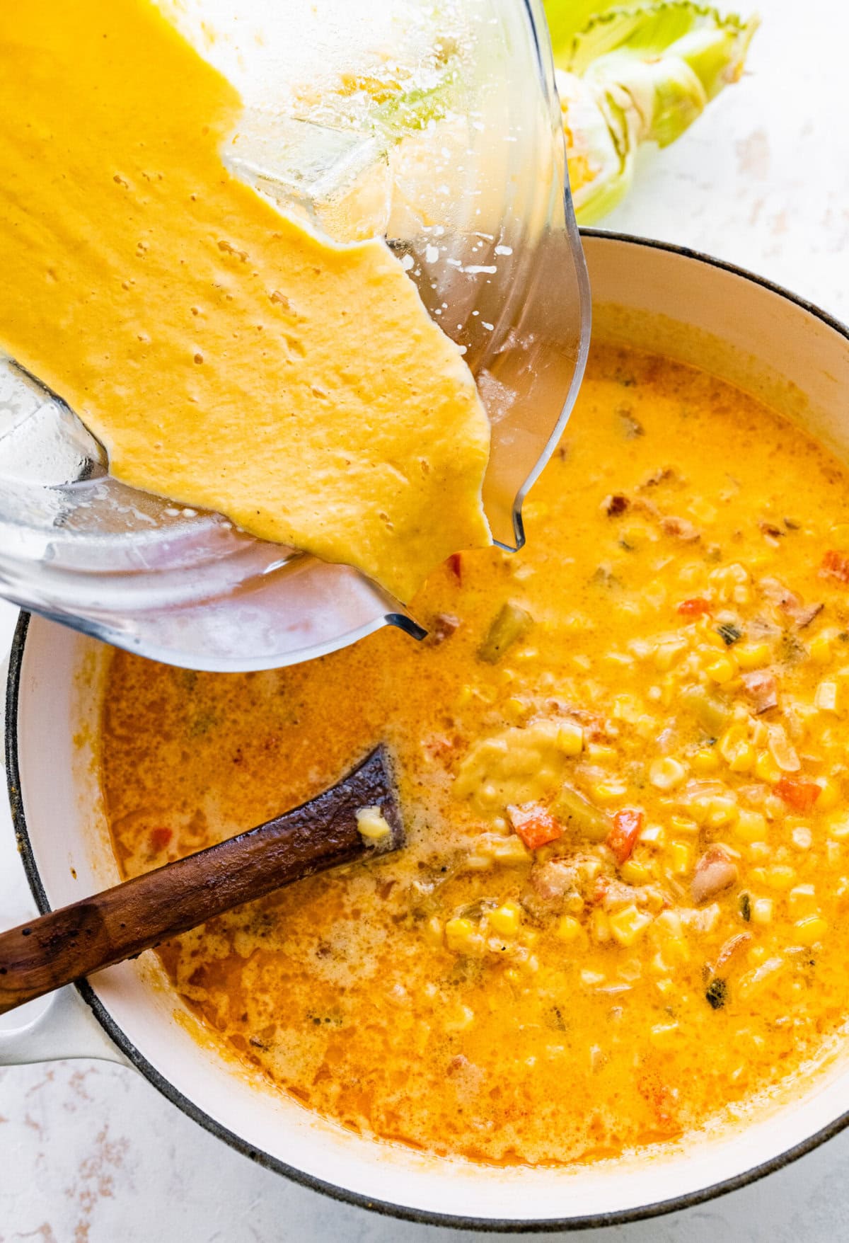 How to make simple summer corn chowder step-by-step: add the blended soup back to the pot.