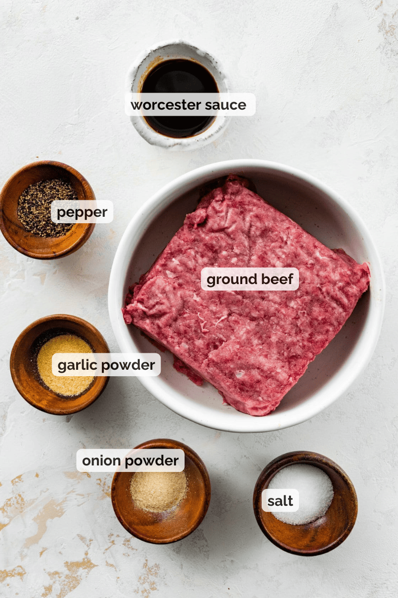 Recipe ingredients for juicy homemade burgers recipe.