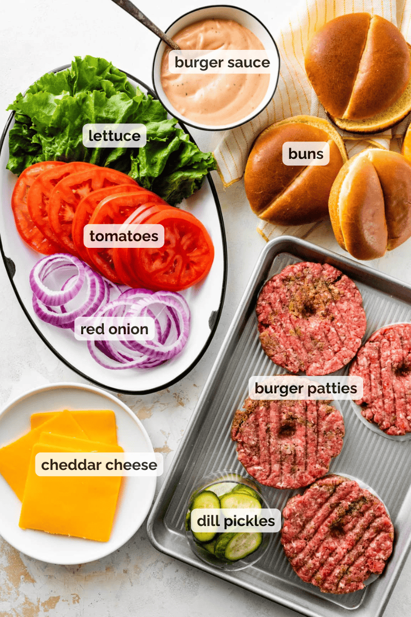 Recipe ingredients for juicy homemade burgers recipe.