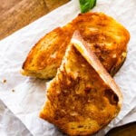 grilled cheese sandwich cut on a diagonal.