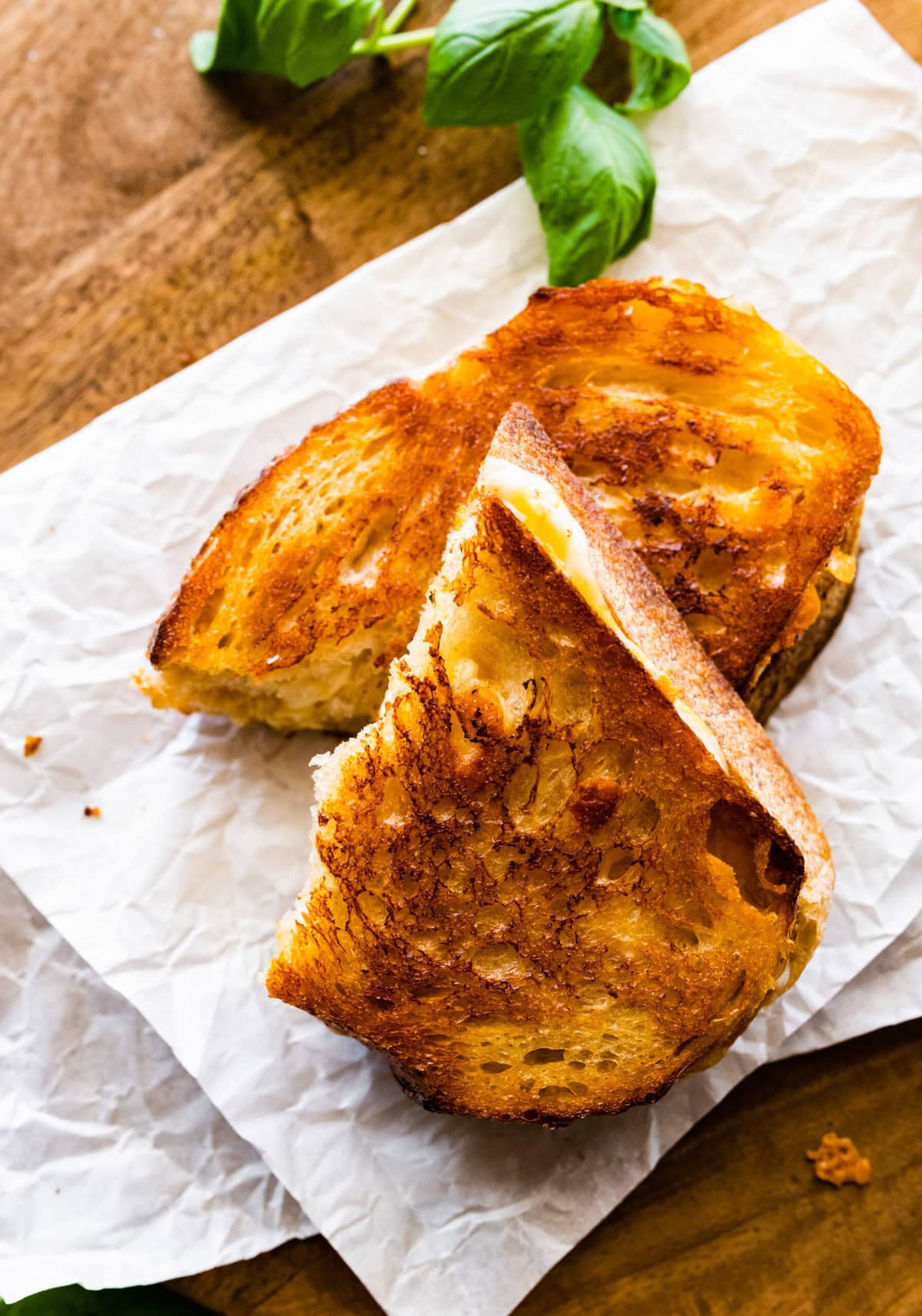grilled cheese sandwich cut on a diagonal.