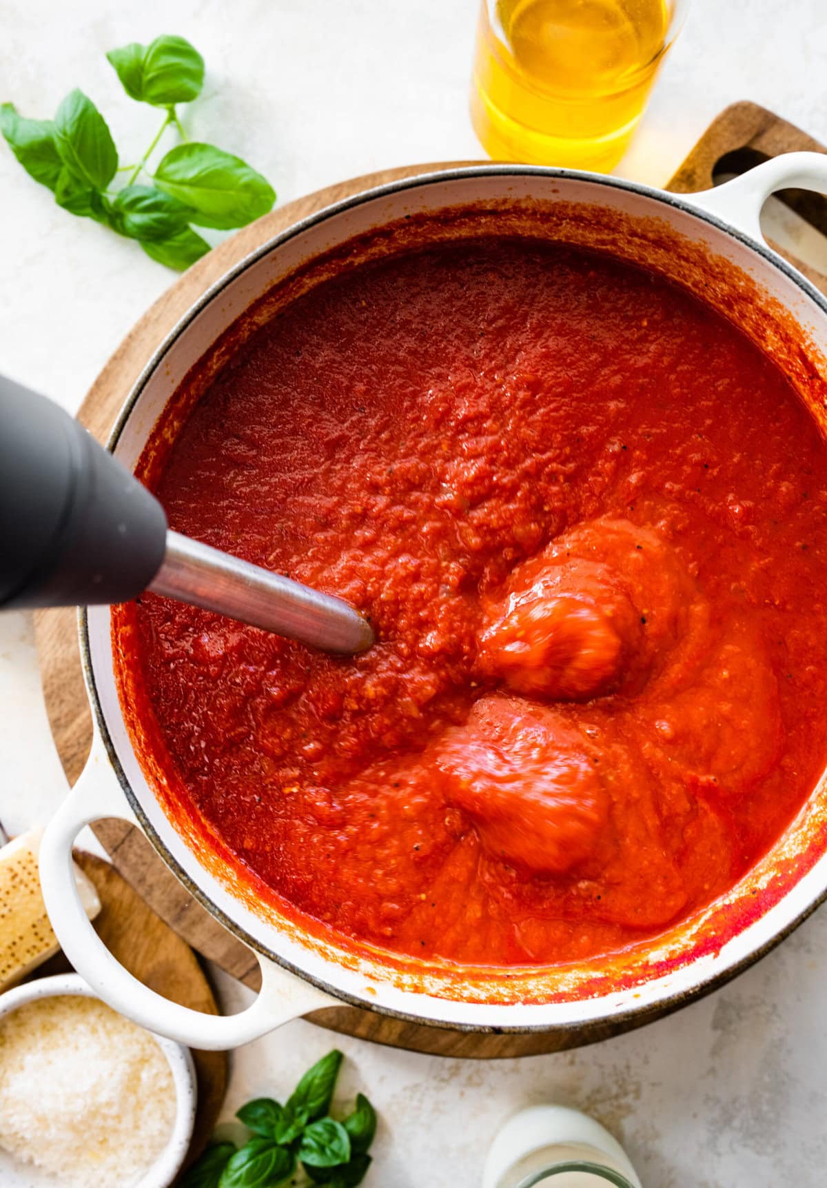 How to make creamy tomato soup with grilled cheese sandwich recipe- blend with the immersion blender in the pot.