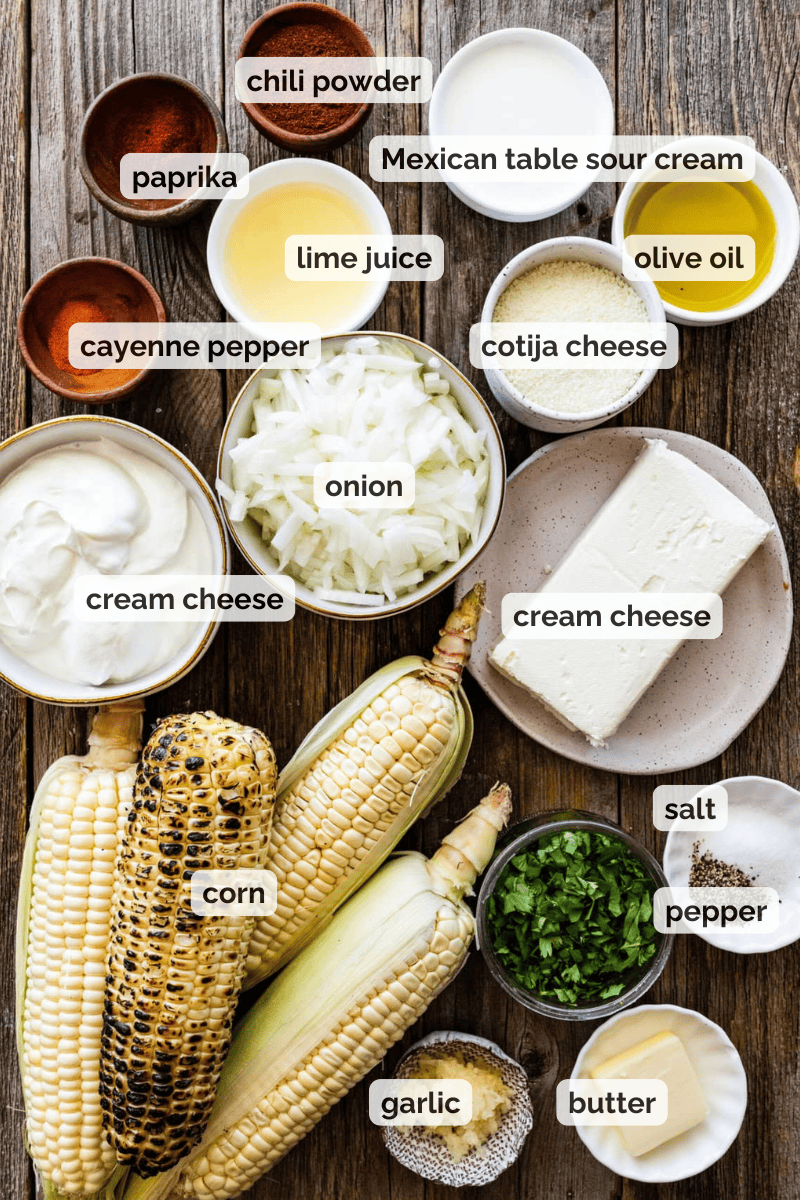 Recipe ingredients for Mexican street corn dip recipe.