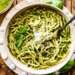 Basil pesto tossed with trofie pasta. Served with parmigiano on top.