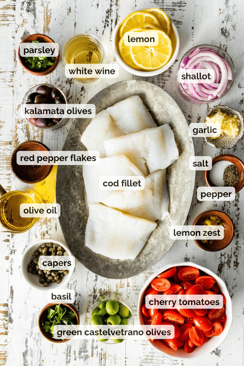 Recipe ingredients for Mediterranean cod recipe.