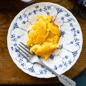 easy jiffy sweet corn casserole recipe on a plate.
