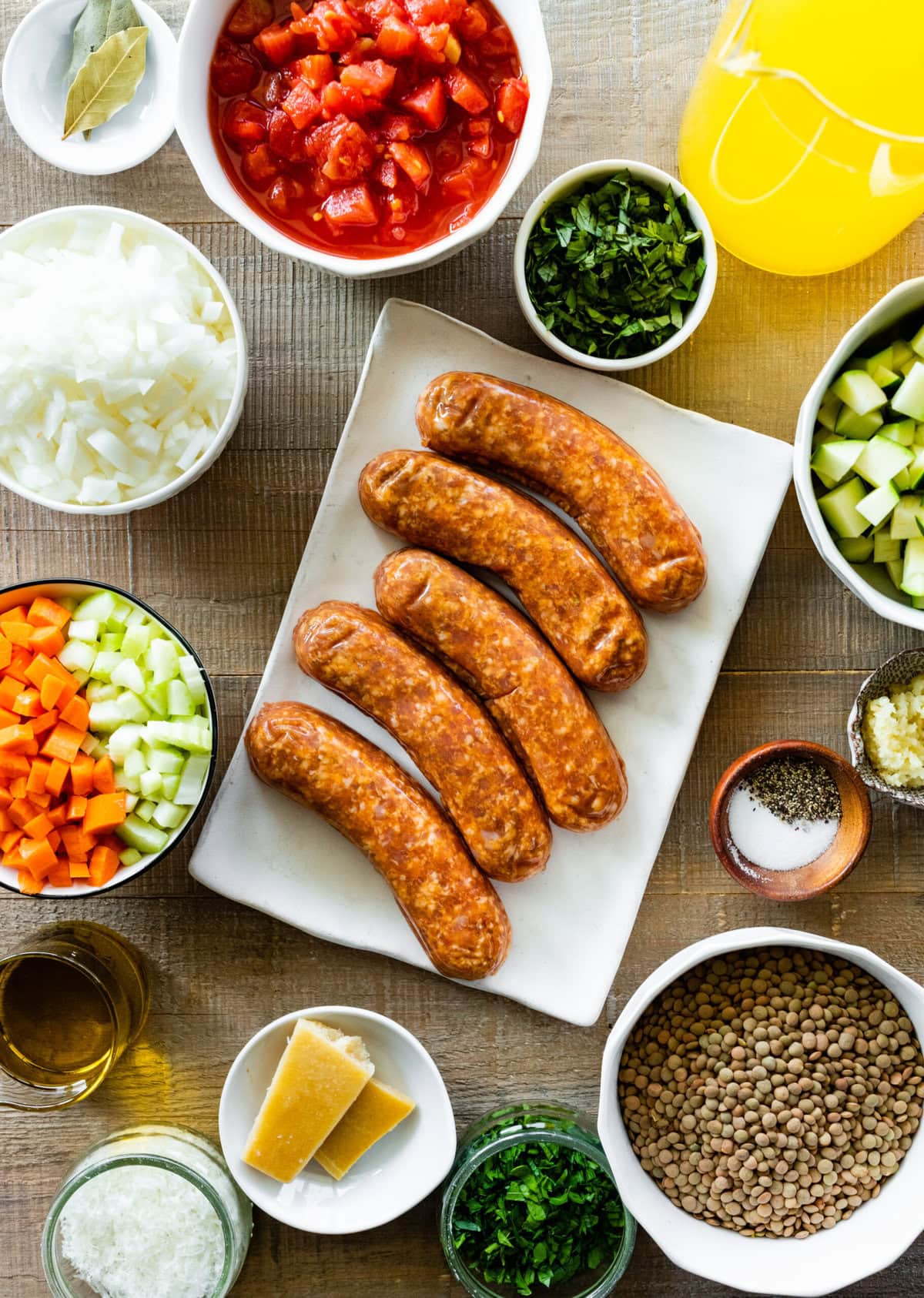 ingredients for sausage and lentil soup recipe.