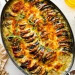 Beautiful vegetable au gratin in an oval baker with a cheese brown topping.