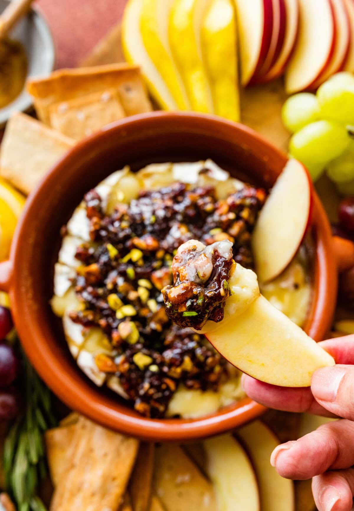 thin apple slices in the melty cheese with the savory jam and nut topping.