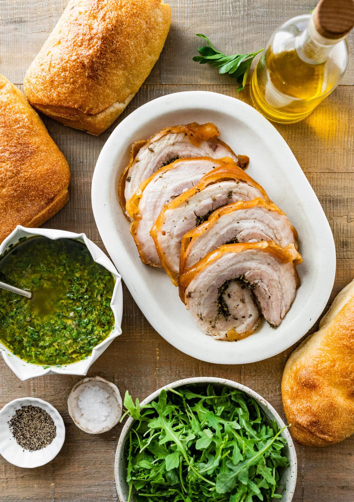 ingredients for porchetta sandwich with Italian salsa verde.