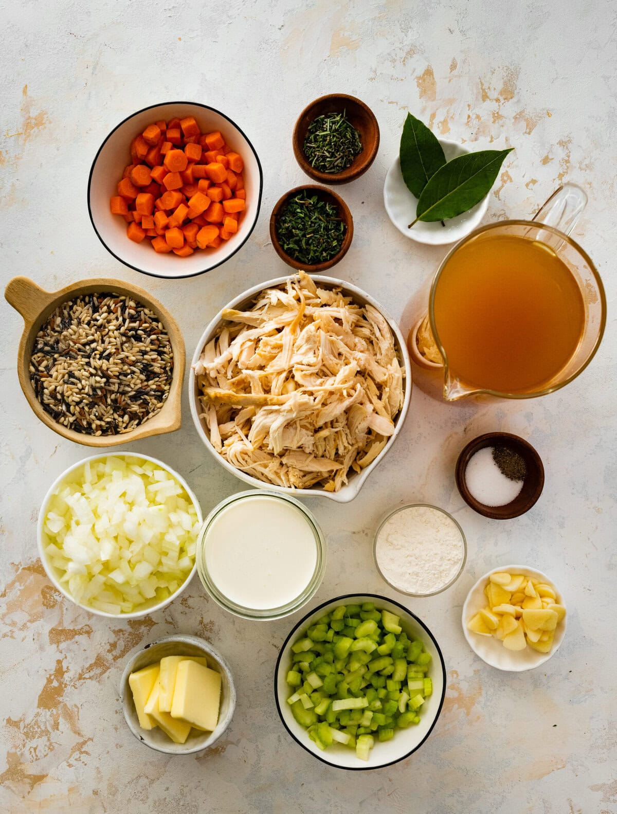 ingredients for creamy chicken wild rice soup.