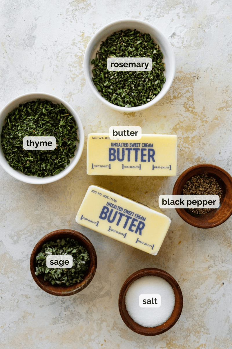 Recipe ingredients for herb butter for roasted turkey recipe.