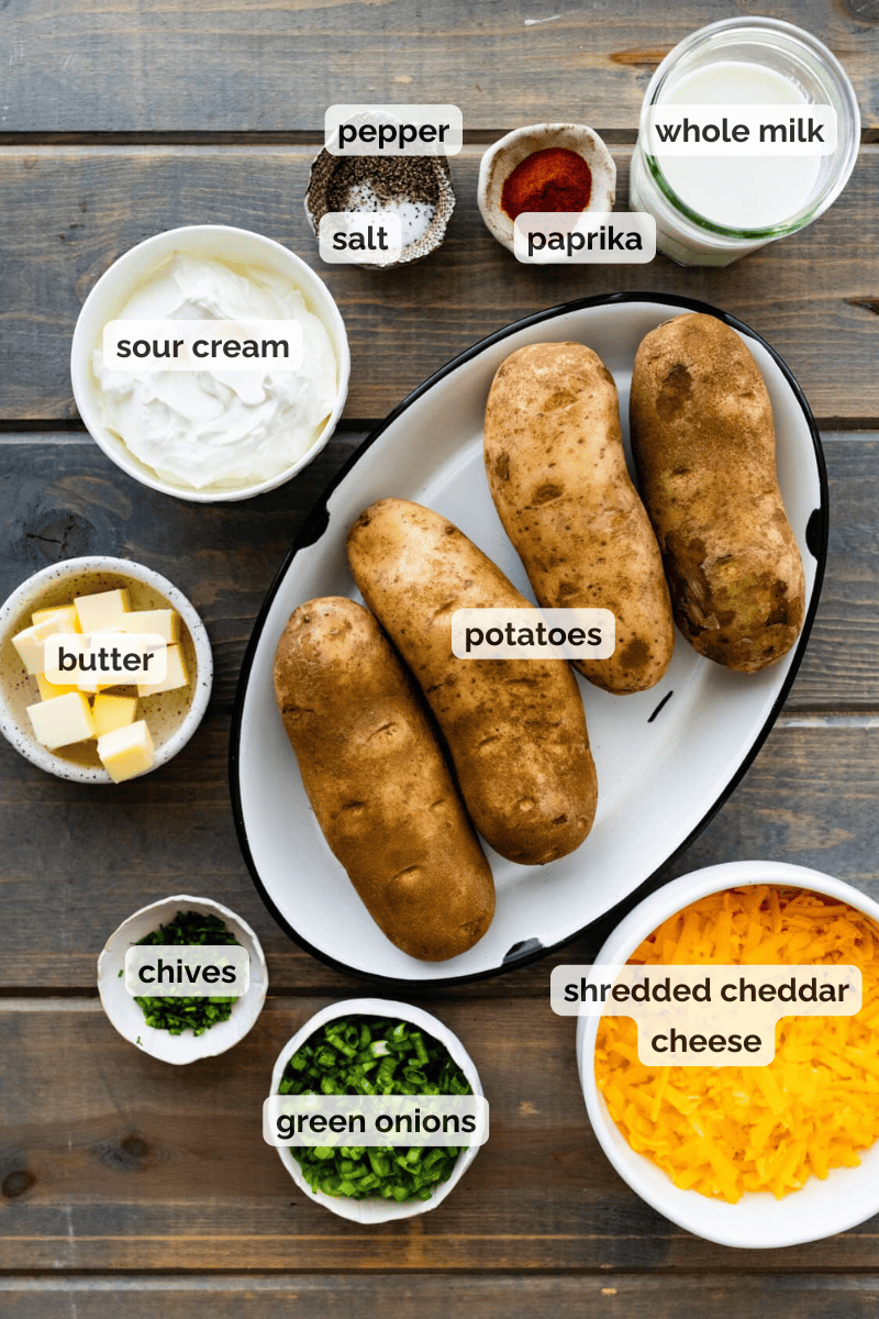 Recipe ingredients for twice baked potatoes recipe.
