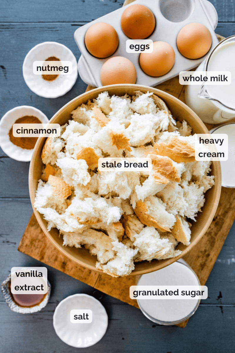 Recipe ingredients for bread pudding with vanilla sauce recipe.